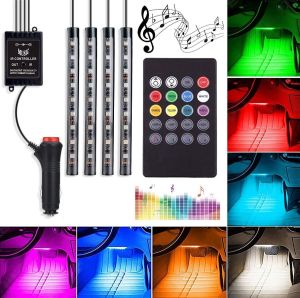Pivalo 4x 9 LED Multi-Colour Car Interior Floor Decorative Light with Car Charger and Sounds Activated Wireless IR Remote Control (12W)